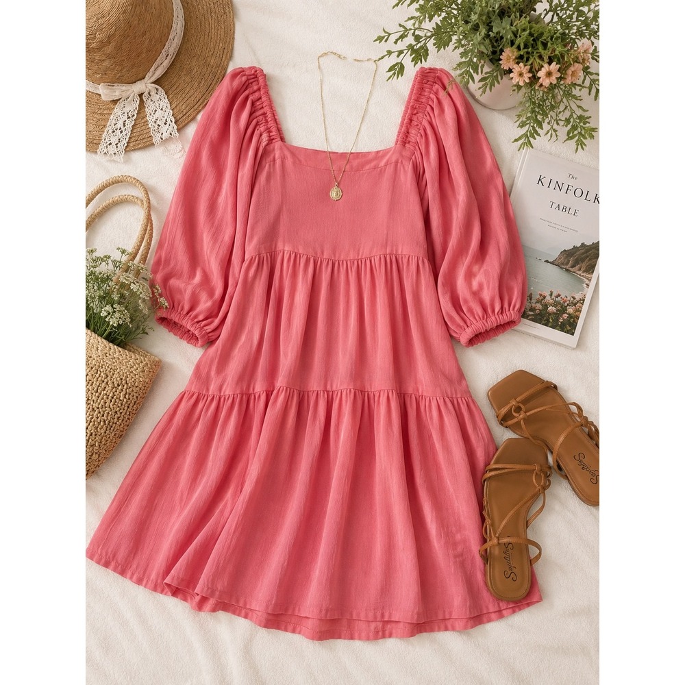 SOLD! Womens Coral Babydoll Mini Dress Size M Puff Sleeve Tiered Cottagecore